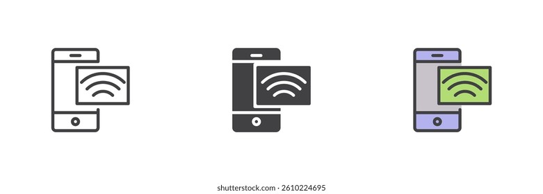 NFC payment different style icon set. Line, glyph and filled outline colorful version, outline and filled vector sign. Mobile phone with contactless payment symbol, logo illustration. Vector graphics