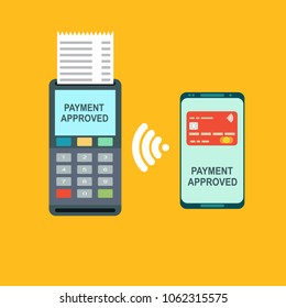 Nfc payment flat design style vector illustration, pos terminal confirms the payment using a smartphone