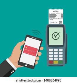 Nfc payment flat design style vector illustration, pos terminal confirms the payment using a smartphone