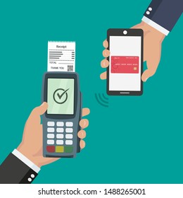 Nfc payment flat design style vector illustration. One hand is holding pos terminal and another one is making the payment using a smartphone