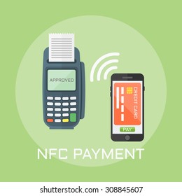 Nfc Payment Flat Design Style Vector Illustration, Pos Terminal Confirms The Payment Using A Smartphone