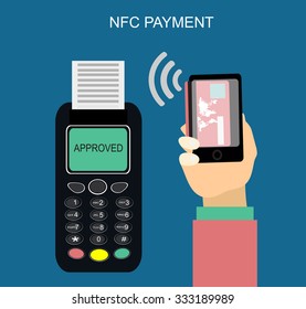 Nfc payment flat design style vector illustration, pos terminal confirms the payment using a smartphone