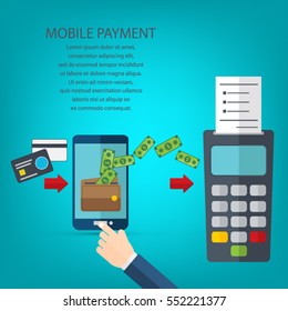 Nfc payment flat design style vector illustration, pos terminal confirms the payment using a smartphone