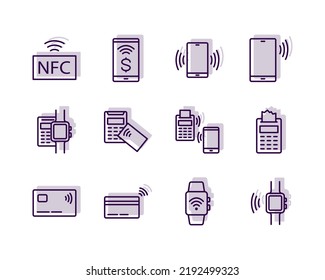 NFC-Zahlungs-Flachzeilensymbole gesetzt. Vektorzeichen von Smartphone und Karte NFC Zahlung mit POS-Terminal. Einfache flache Vektorgrafik für Speicher, Website oder mobile App.