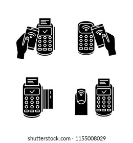 NFC payment glyph icons set. Pay with smartphone, credit card, POS terminal, NFC manicure. Silhouette symbols. Vector isolated illustration