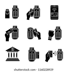 NFC payment glyph icons set. Pay with smartphone and credit card, online banking, POS terminal, NFC smartwatch and manicure. Silhouette symbols. Vector isolated illustration