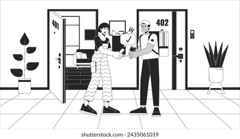 NFC payment for grocery home delivery black and white line illustration. Indian male courier delivering asian female client 2D characters monochrome background. Delivery outline scene vector image