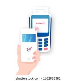 Nfc payment. Hand holding phone. Purchase on pay pass online terminal. Vector illustration isolated on white