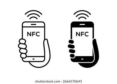 NFC-Zahlungssymbol. NFC-Zahlungslogo. Hand, die ein Telefon hält. Kontaktloses drahtloses Zahlzeichen-Logo. NFC-Technologie, Vektorsymbol.