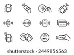 NFC payment icon set. Contactless wireless pay sign. NFC technology icon. Credit card nfc payment. Editable stroke. Vector line icon.