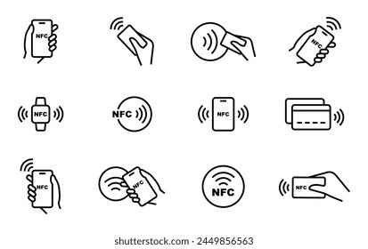 NFC payment icon set. Contactless wireless pay sign. NFC technology icon. Credit card nfc payment. Editable stroke. Vector line icon.