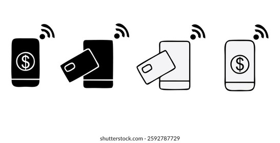 NFC payment icon set. Contactless wireless pay sign. NFC technology icon. Credit card nfc payment. Editable stroke. Vector line icon.