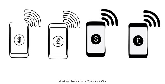 NFC payment icon set. Contactless wireless pay sign. NFC technology icon. Credit card nfc payment. Editable stroke. Vector line icon.
