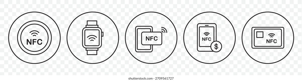 NFC payment icon set. Contactless wireless pay sign. NFC technology icon. Credit card nfc payment. Editable stroke. Vector line icon.