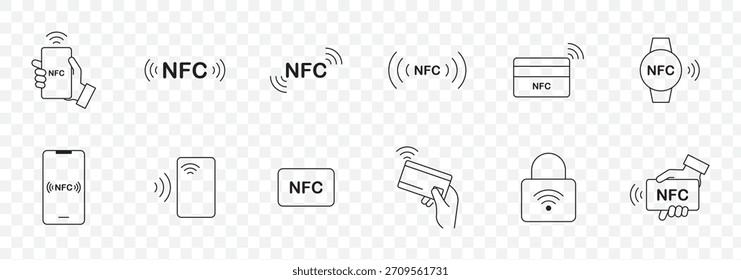 NFC-Zahlungs-Symbolsatz. Kontaktloses drahtloses Zahlzeichen. NFC-Technologie-Symbol. Zahlung per Kreditkarte NFC. Bearbeitbarer Strich. Vektorliniensymbol.