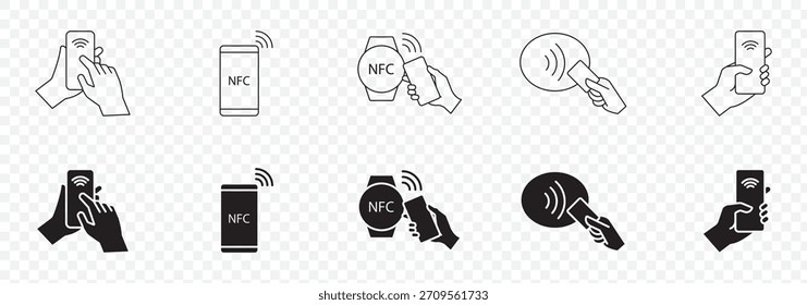 Conjunto de iconos de pago NFC. Signo de pago inalámbrico sin contacto. Icono de tecnología NFC. Tarjeta de crédito y pago. Trazo editable. Icono de línea de Vector.