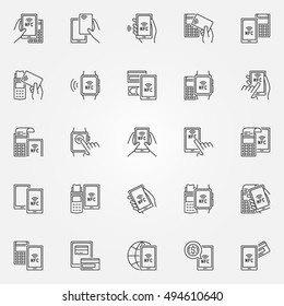 NFC payment icons. Vector collection of smartphone and card NFC paying with POS terminal signs in thin line style