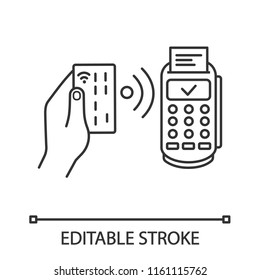 NFC payment linear icon. POS terminal. Thin line illustration. Payment terminal. Contactless transaction. E-payment. Contour symbol. Vector isolated outline drawing. Editable stroke