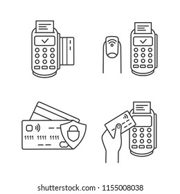 NFC payment linear icons set. POS terminal, NFC manicure, credit cards. Thin line contour symbols. Isolated vector outline illustrations. Editable stroke