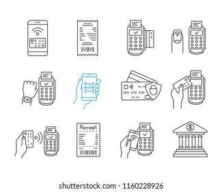 NFC payment linear icons set. Electronic money. Cashless and contactless payments. Digital purchase. Online banking. Thin line contour symbols. Isolated vector outline illustrations. Editable stroke