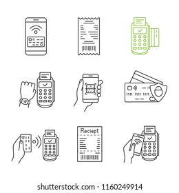 NFC payment linear icons set. Pay with smartphone and credit card, cash receipt, POS terminal, QR code scanner, NFC smartwatch. Thin line. Isolated vector outline illustrations. Editable stroke