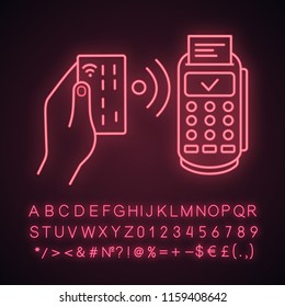 NFC payment neon light icon. POS terminal. Glowing sign with alphabet, numbers and symbols. Payment terminal. Contactless transaction. Near field communication. E-payment. Vector isolated illustration