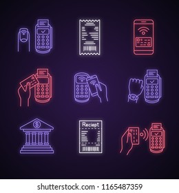 NFC payment neon light icons set. Cash receipt, pay with smartwatch and credit card, NFC manicure, smartwatch, online banking. Glowing signs. Vector isolated illustrations
