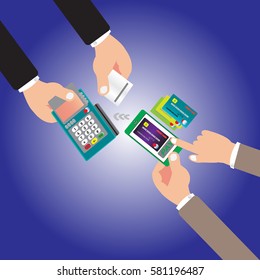 NFC payment to POS terminal and confirms the payment using a mobile smartphone - Transaction and paypass with technology NFC
