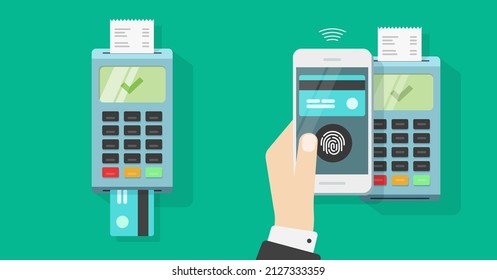 Nfc payment or pos terminal pay via credit bank card and mobile cellphone vector, cashless electronic contactless transaction in person man hand, cashier processing digital technology flat design