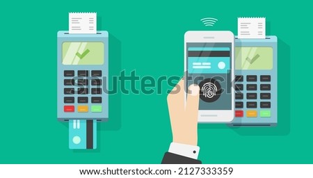 Nfc payment or pos terminal pay via credit bank card and mobile cellphone vector, cashless electronic contactless transaction in person man hand, cashier processing digital technology flat design