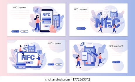 NFC payment. Pos-terminal and payment systems.Screen template for mobile smart phone, landing page, template, ui, web, mobile app, poster, banner, flyer. Modern flat cartoon style. Vector illustration