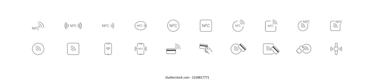 NFC payment set icons. NFC technology icon. Wireless payment symbol collection, credit card tap pay. Vector flat isolated line illustration svg