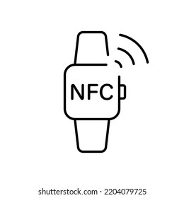 NFC Payment Smart Watch Outline Icon. Smartwatch with NFC Technology Wireless Purchase Watch Line Icon. Hand Bracelet Pos Cashless Pay Pictogram. Editable Stroke. Isolated Vector Illustration.
