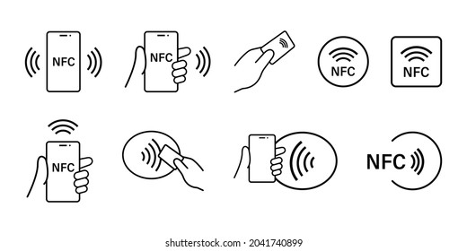 NFC payment with smartphone set icons. NFC Technology icon collection. Contactless NFC payment sign. Stock vector. EPS 10 svg