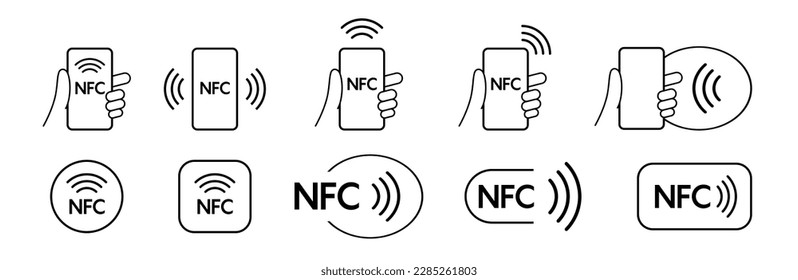 NFC payment with smartphone set icons. NFC Technology icon collection. Contactless NFC payment sign. Vector icon set. svg