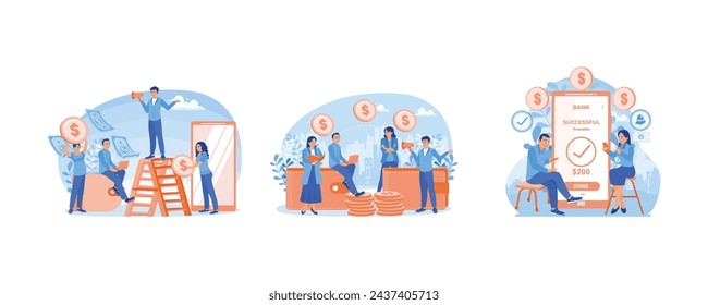 Sistema de pago NFC. La gente hace transacciones financieras en línea. Transacción correcta. Concepto de transacciones financieras. Establecer ilustración vectorial plana.
