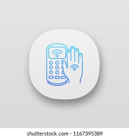 NFC payment terminal app icon. Payment with NFC sticker. POS terminal and hand with RFID tag. UI/UX user interface. E-payment. Web or mobile application. Vector isolated illustration