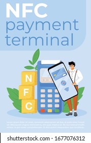 NFC payment terminal poster flat vector template. Cashless transactions, contactless payments brochure, booklet one page concept design with cartoon characters. Financial technology flyer, leaflet