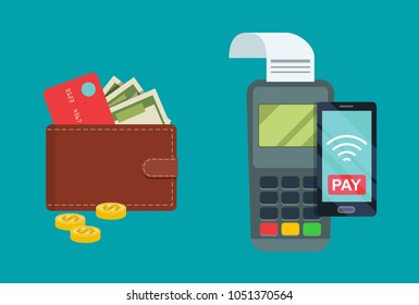 NFC payment, Payment terminal and wallet with card, cash and coins. Vector flat style illustration