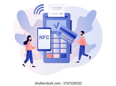 NFC payment. Tiny people use POS-terminal and payment systems. Financial transactions, terminal and credit card. Online banking. Modern flat cartoon style. Vector illustration on white background