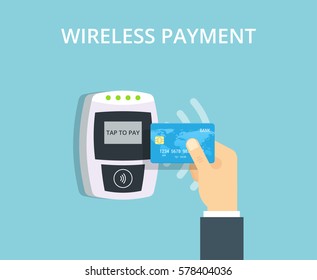 NFC Payment vector illustration in flat style. Pos terminal confirms contactless payment from credit card. Near-field communication concept.