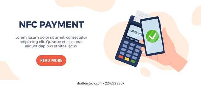 NFC payment web banner advertising, flat vector illustration. Hand holding phone over payment terminal. Contactless and cashless NFC payments with smartphone.