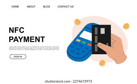 NFC payment website template. Credit card payment with POS terminal. Mobile banking app and e-payment illustration for landing page, advertising page.