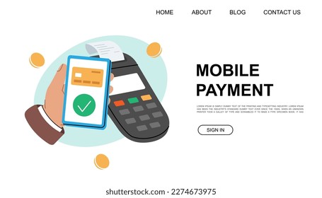 NFC payment website template. Smartphone paying with POS terminal. Mobile banking app and e-payment illustration for landing page, advertising page.
