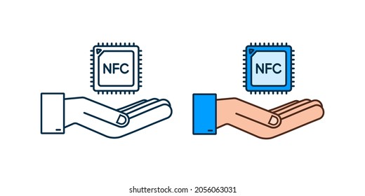 NFC processor icon with hands. NFC chip. Near field communication. Vector stock illustration.