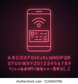 NFC smartphone signal neon light icon. NFC phone. Mobile phone contactless payment. Telephone screen with credit card. Glowing sign with alphabet, numbers and symbols. Vector isolated illustration