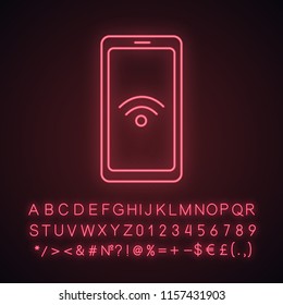 NFC smartphone signal neon light icon. NFC phone. Near field communication. Mobile phone contactless payment. Glowing sign with alphabet, numbers and symbols. Vector isolated illustration