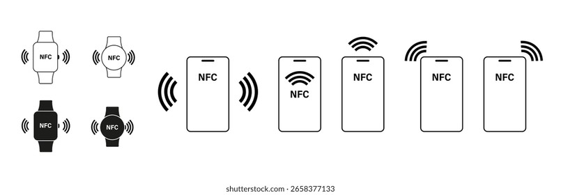 smartphone e smartwatch NFC, dispositivo NFC. Pagamento sem contato, sinal NFC. Conjunto de linhas e silhuetas.
