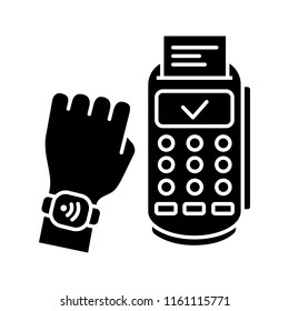 NFC smartwatch glyph icon. Near field communication payment terminal. Silhouette symbol. Smart wristwatch. Contactless payment with NFC smartwatch. Negative space. Vector isolated illustration