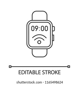 NFC smartwatch linear icon. Near field communication. Thin line illustration. Smart wristwatch. Contactless technology. Contour symbol. Vector isolated outline drawing. Editable stroke